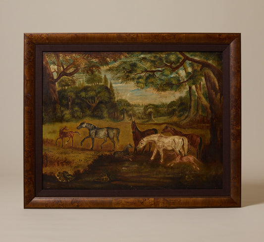 NAIVE ENGLISH 19TH CENTURY HORSES IN A WOODED MEADOW