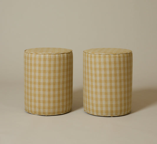 CONTEMPORARY CYLINDER STOOL IN PLAID LINEN