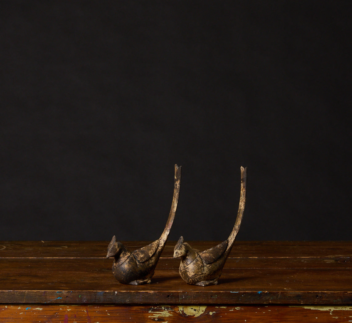PAIR OF VINTAGE JAPANESE PAINTED CAST IRON BIRD INCENSE BURNERS