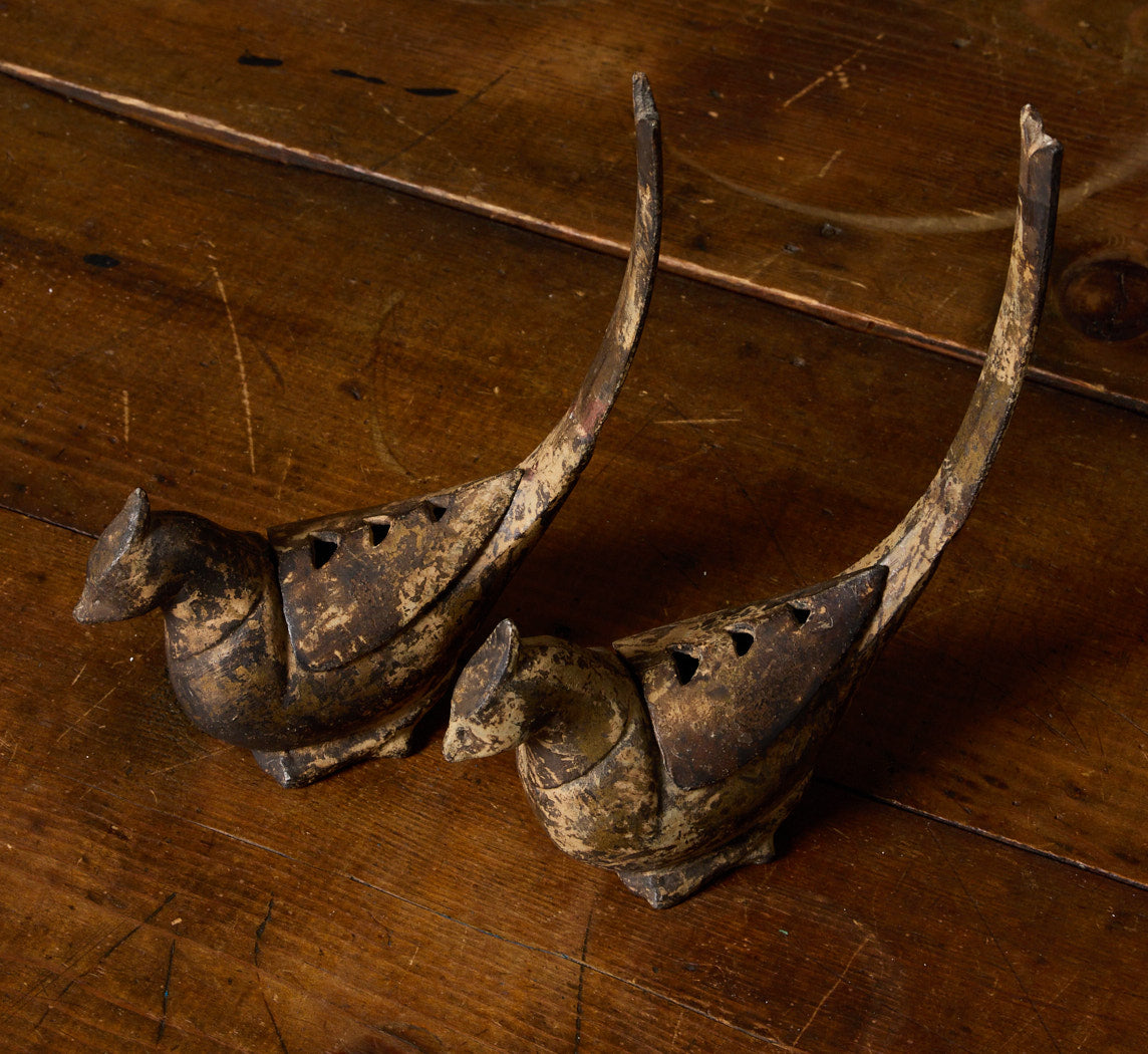 PAIR OF VINTAGE JAPANESE PAINTED CAST IRON BIRD INCENSE BURNERS