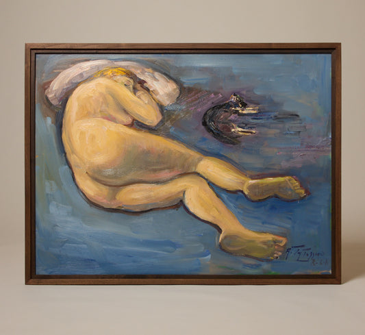 EXPRESSIONIST NUDE STUDY OF RESTING WOMAN & CAT