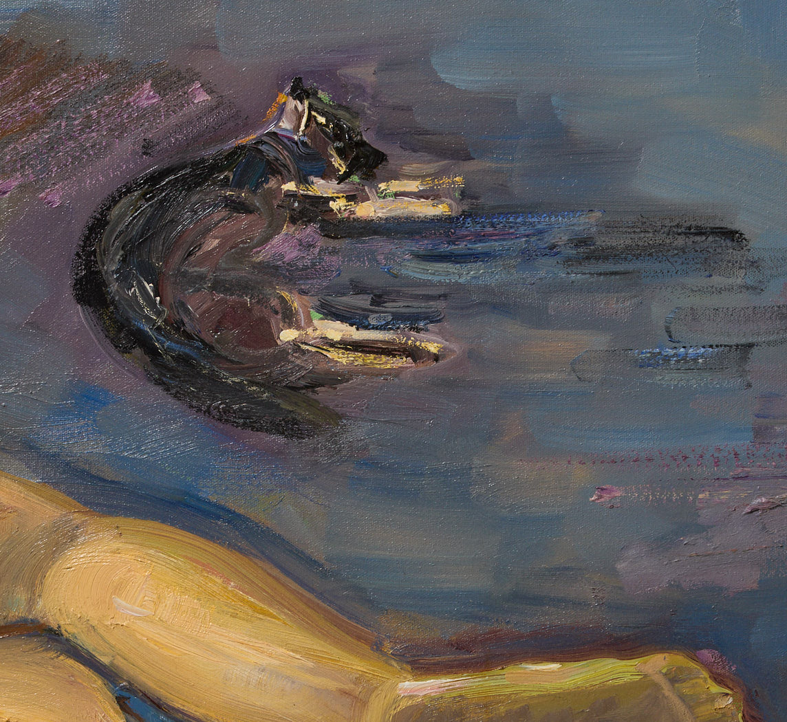 EXPRESSIONIST NUDE STUDY OF RESTING WOMAN & CAT
