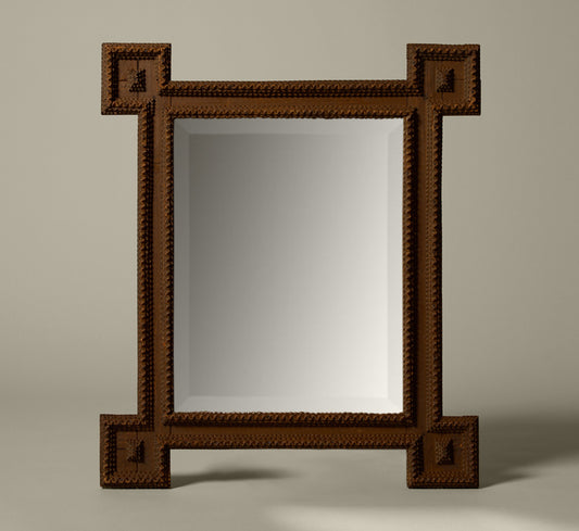 19TH CENTURY TRAMP ART MIRROR VERTICAL WITH SQUARE CORNERS