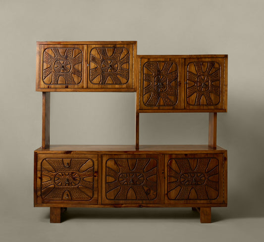 20TH CENTURY CARVED WOOD BRUTALIST CREDENZA