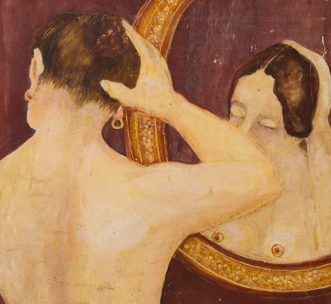 19TH CENTURY FRENCH SCHOOL PORTRAIT OF WOMAN AT HER MIRROR