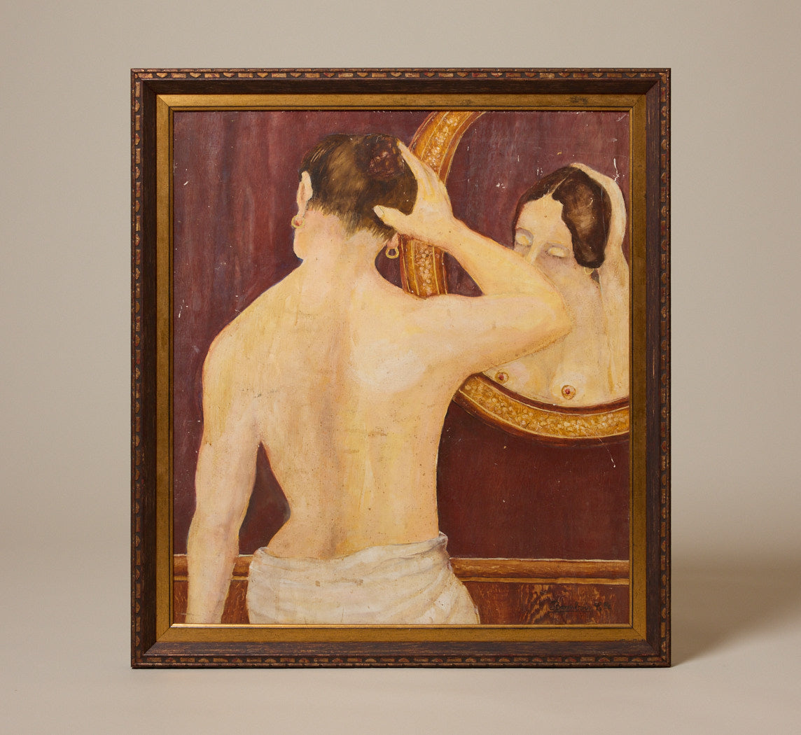 19TH CENTURY FRENCH SCHOOL PORTRAIT OF WOMAN AT HER MIRROR