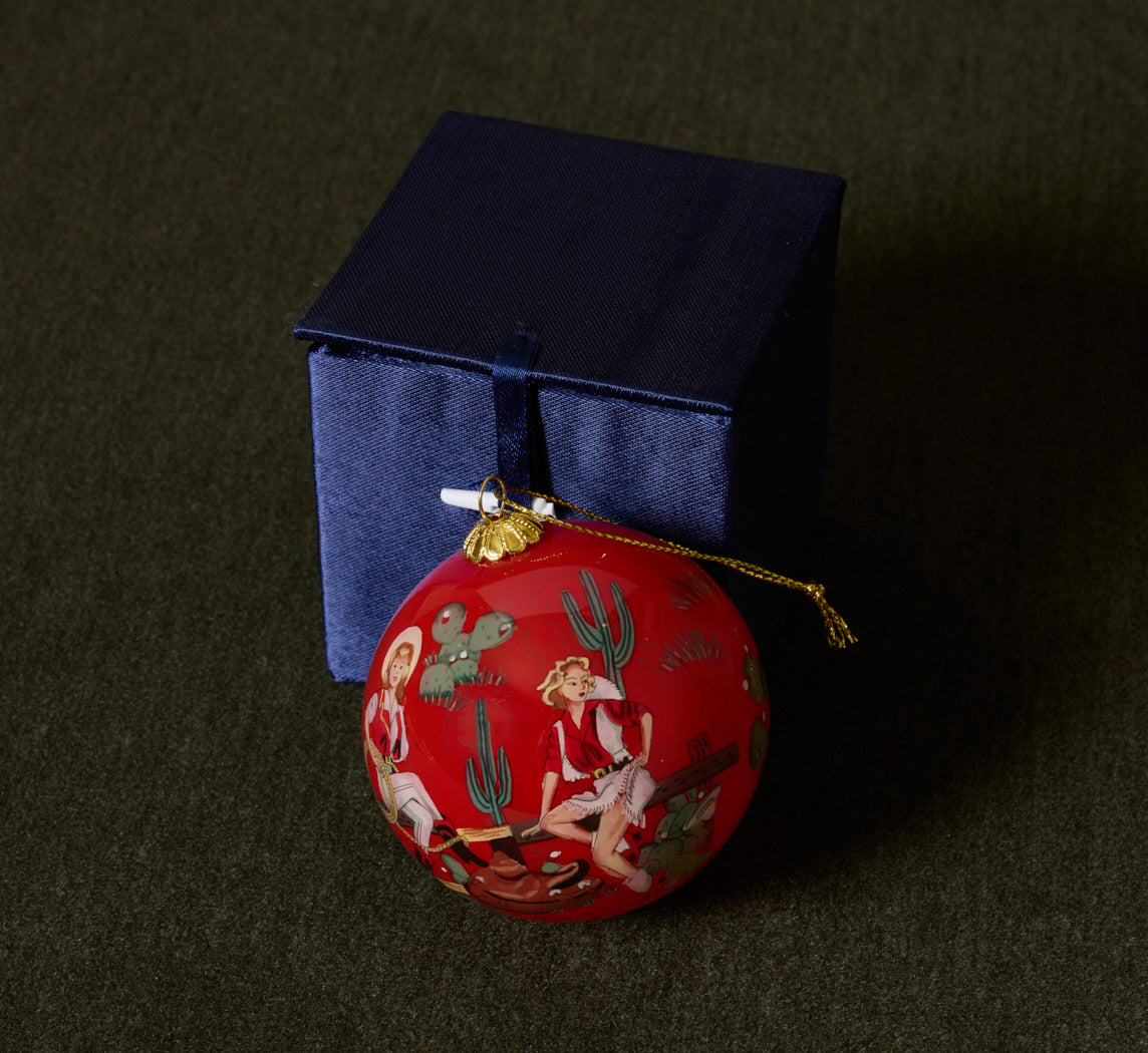 RETRO COWGIRL PAINTED GLASS ORNAMENT