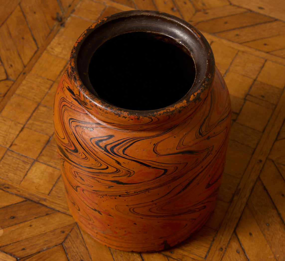VINTAGE ORANGE MARBLED STONEWARE JAR
