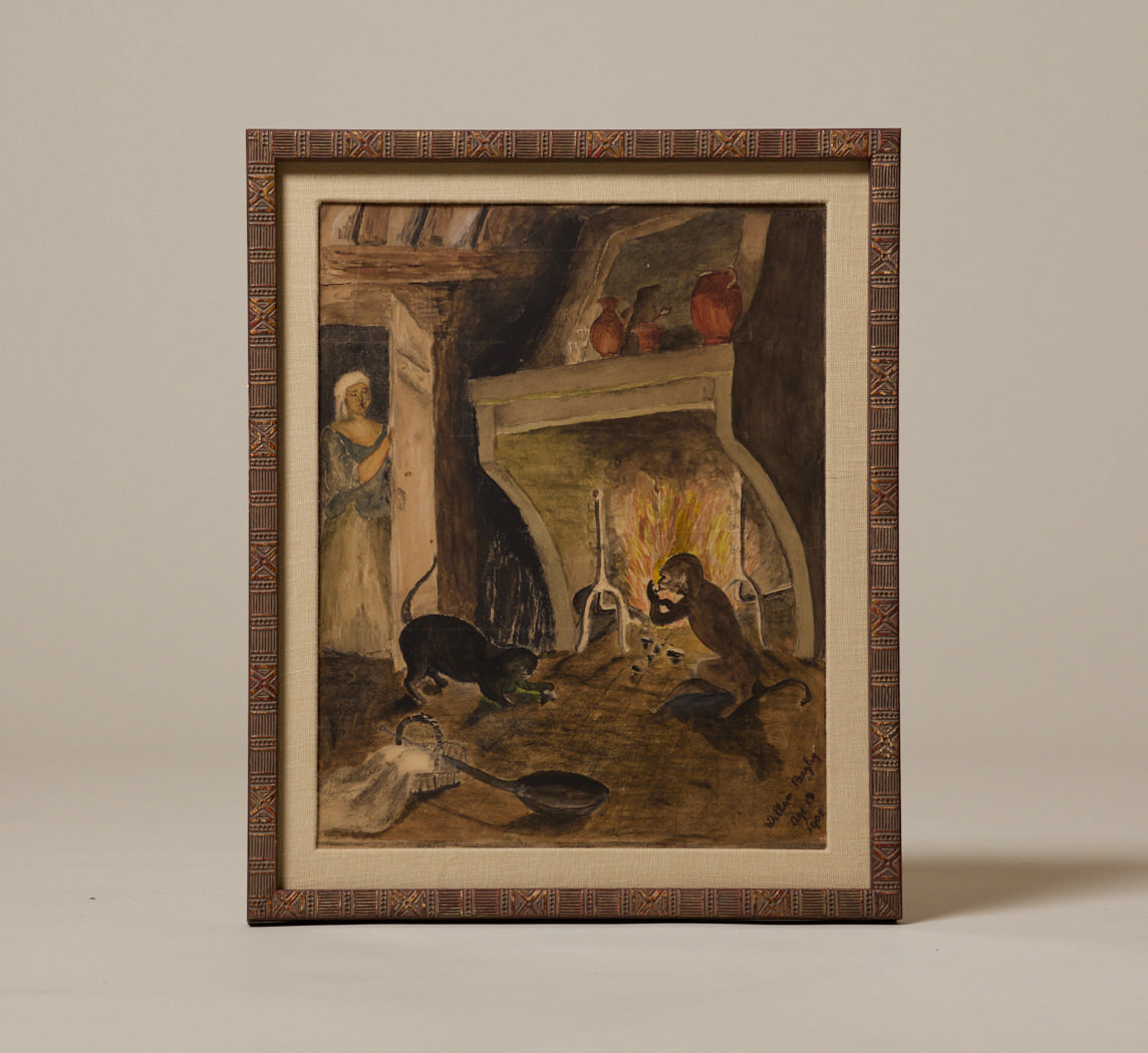 MONKEY & CAT AT THE HEARTH, WATERCOLOR CIRCA 1908