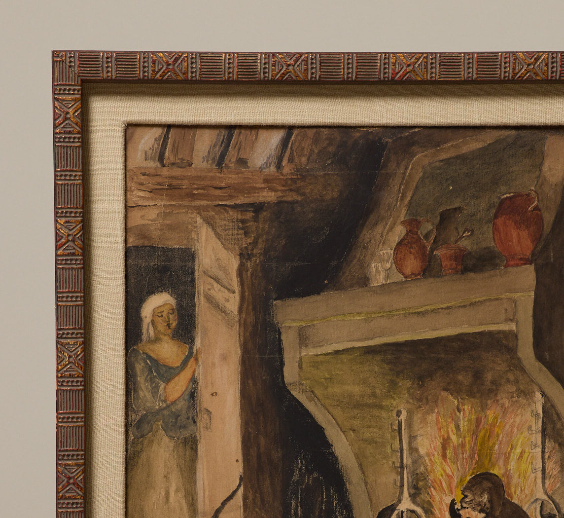 MONKEY & CAT AT THE HEARTH, WATERCOLOR CIRCA 1908