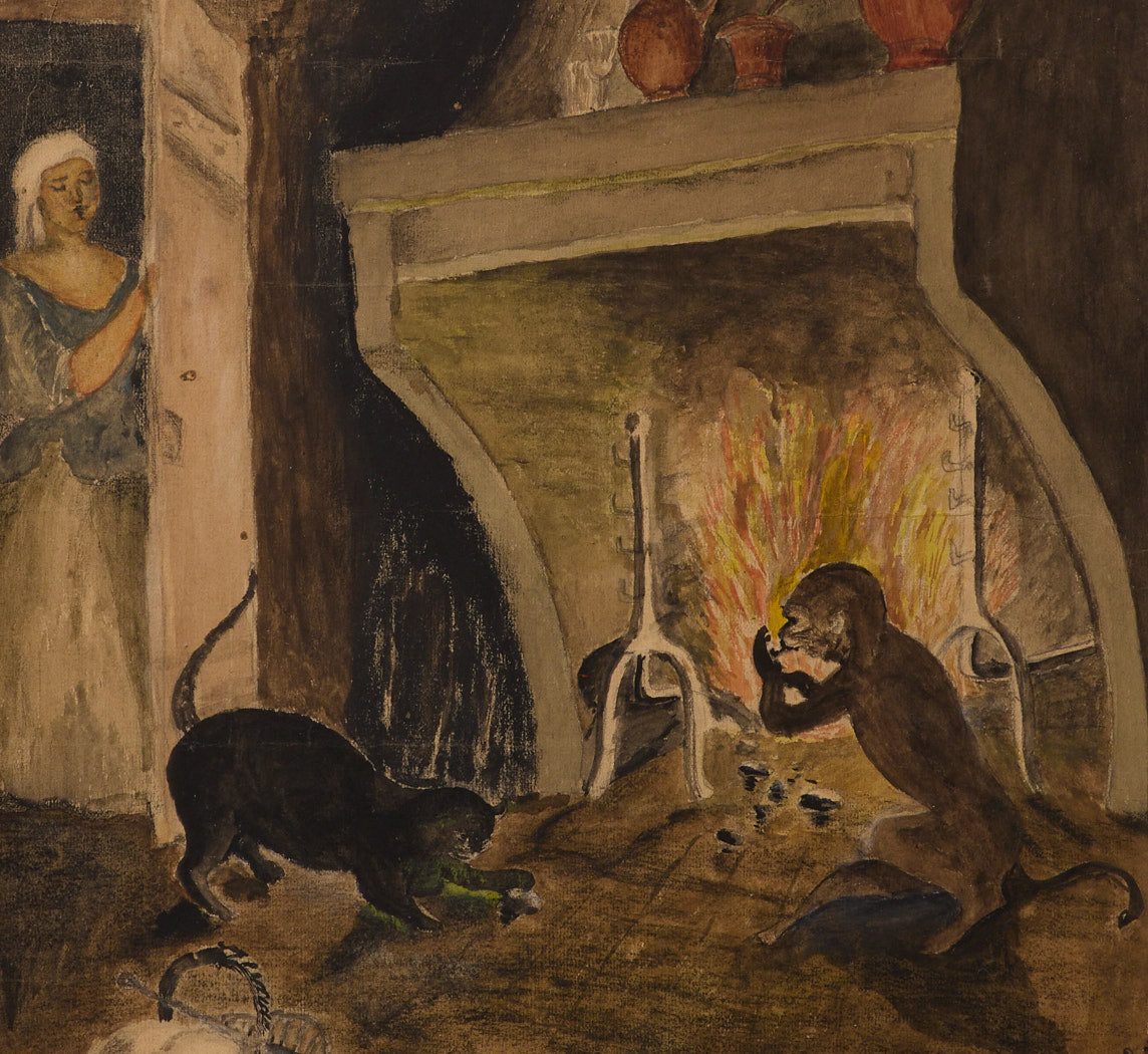 MONKEY & CAT AT THE HEARTH, WATERCOLOR CIRCA 1908