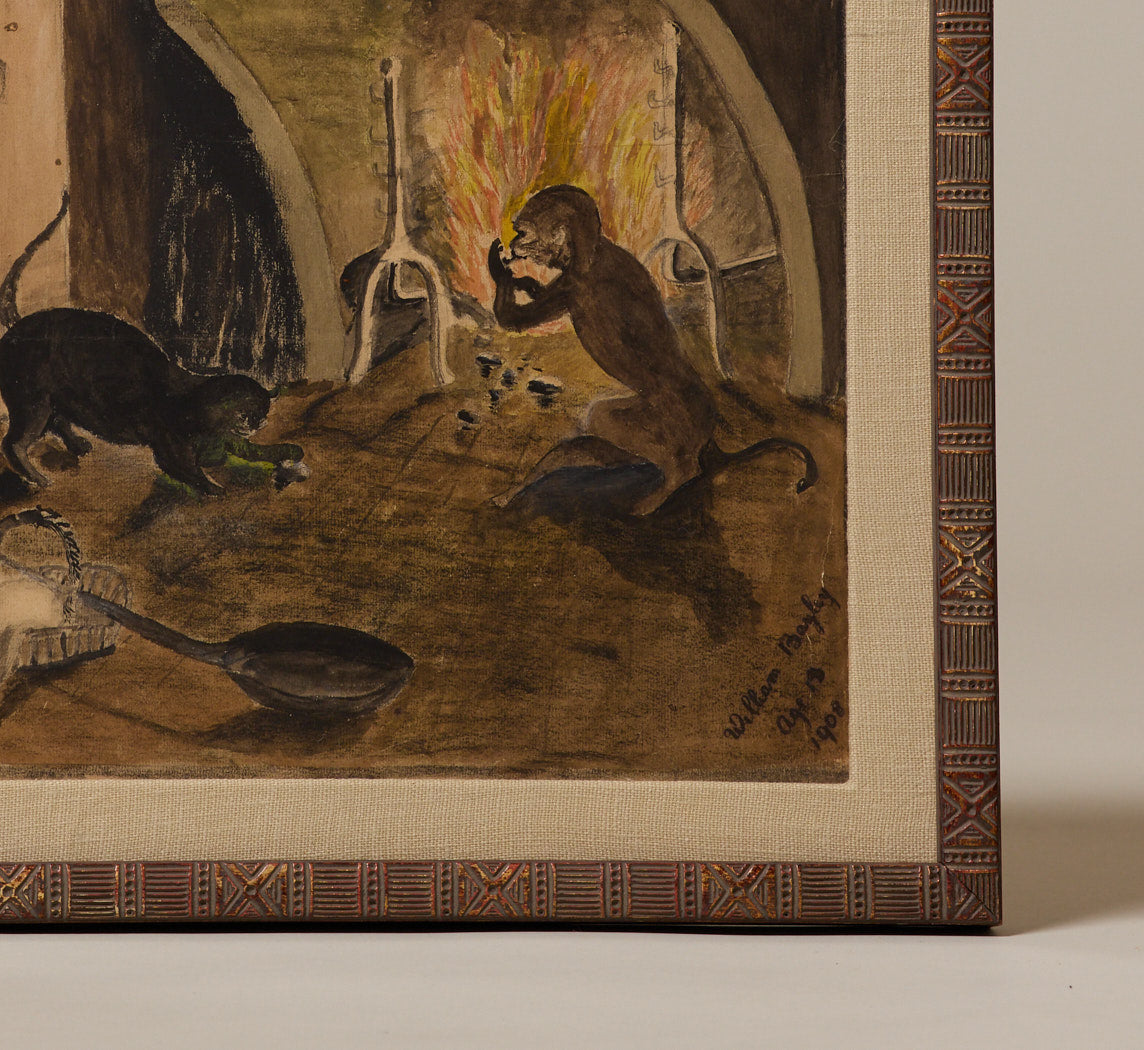 MONKEY & CAT AT THE HEARTH, WATERCOLOR CIRCA 1908