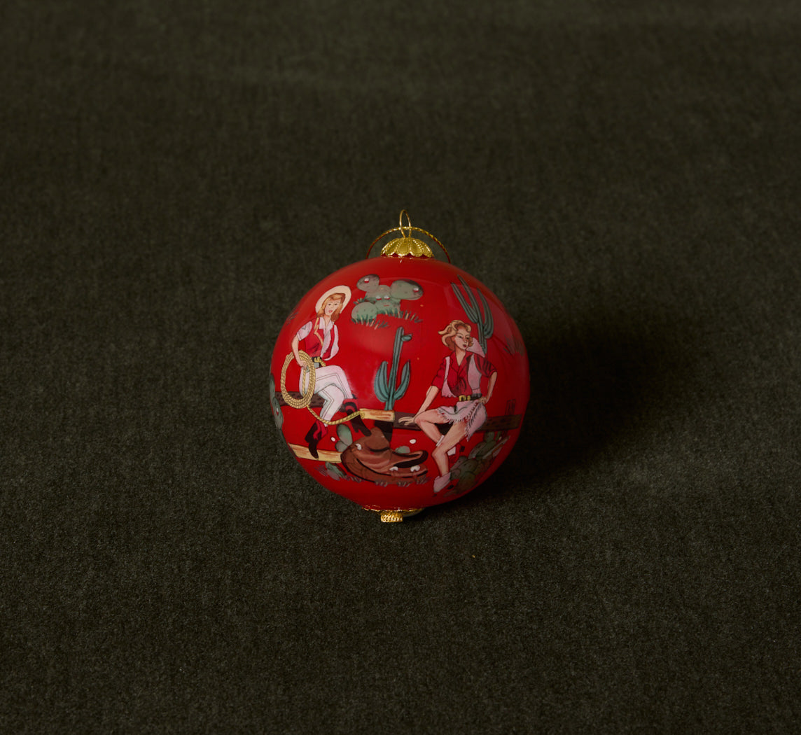 RETRO COWGIRL PAINTED GLASS ORNAMENT
