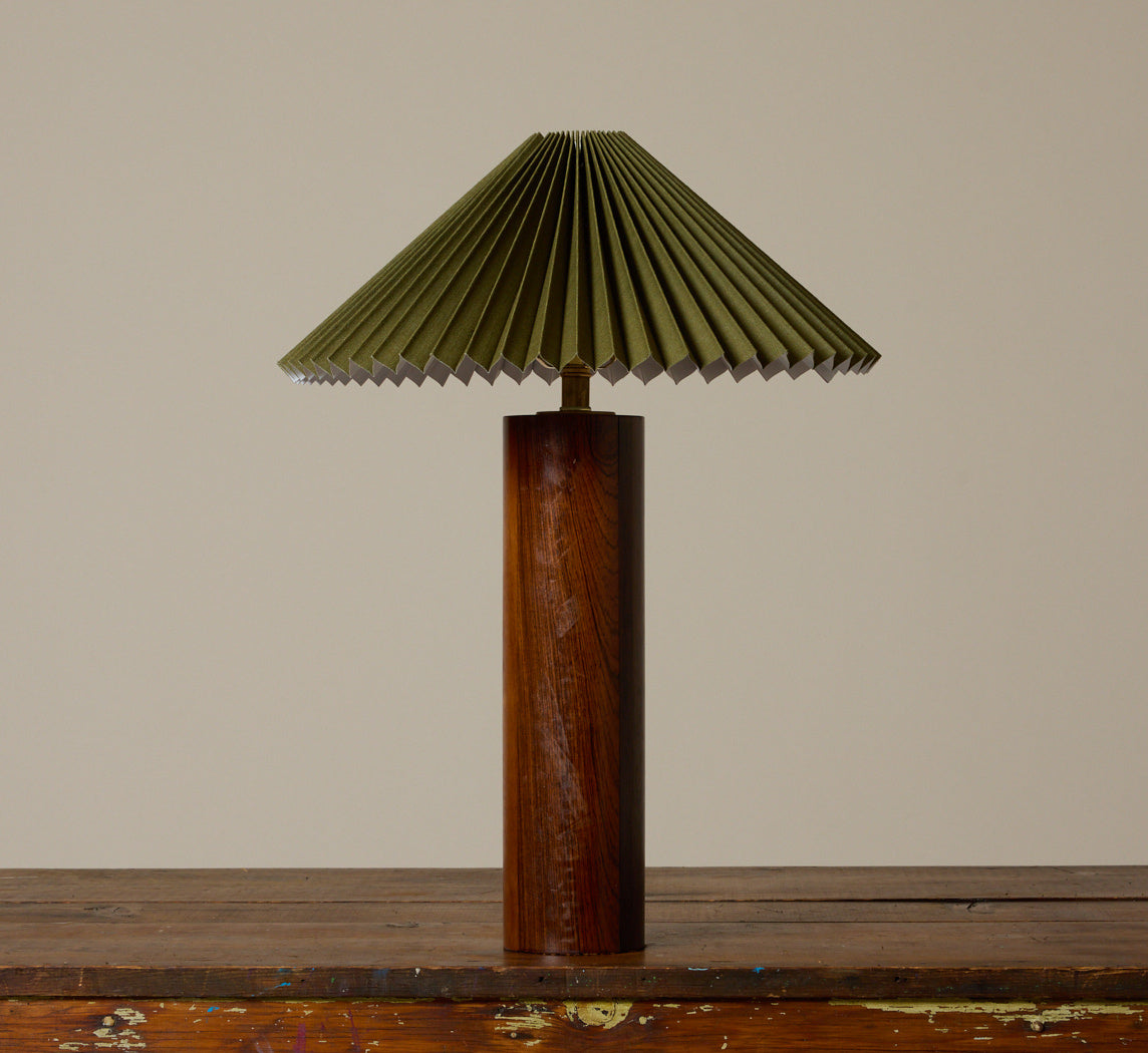 1960S DANISH ROSEWOOD TABLE LAMP WITH OLIVE PLEATED SHADES
