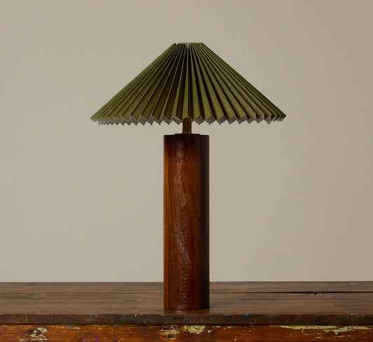 1960S DANISH ROSEWOOD TABLE LAMP WITH OLIVE PLEATED SHADES