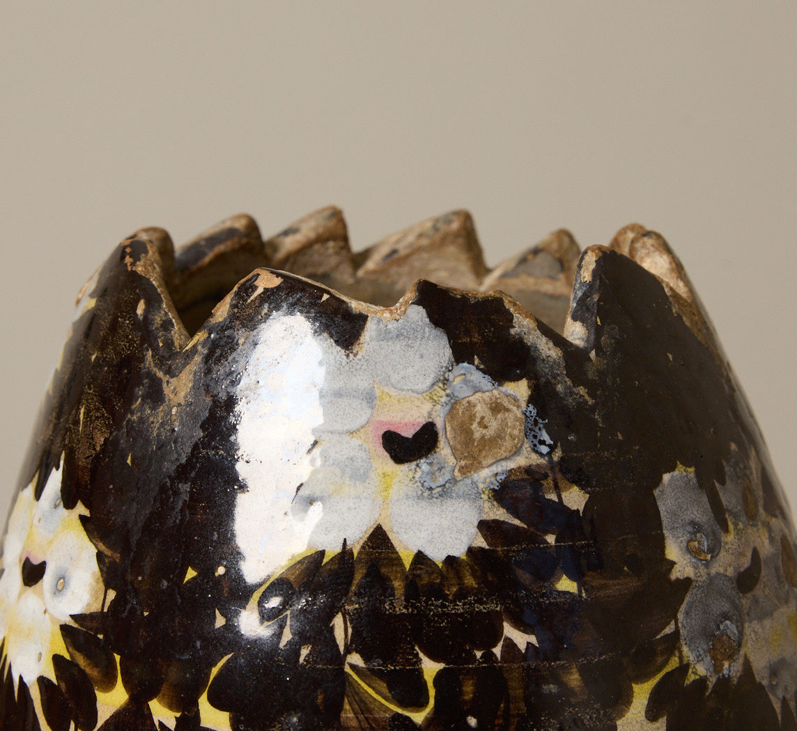 VINTAGE ITALIAN FLORAL FOOTED STONEWARE VASE