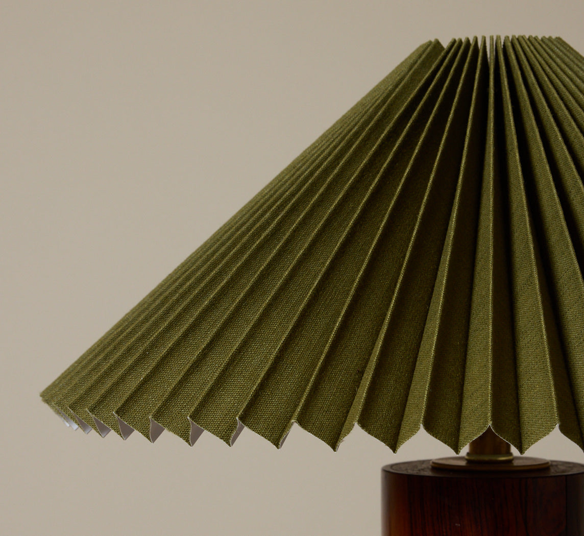1960S DANISH ROSEWOOD TABLE LAMP WITH OLIVE PLEATED SHADES