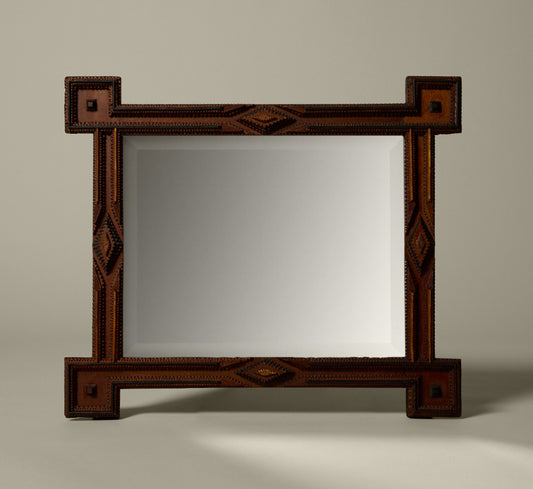 19TH CENTURY TRAMP ART MIRROR HORIZONTAL WITH SQUARE CORNERS