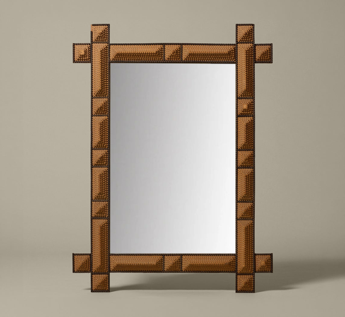 19TH CENTURY TRAMP ART WALL MIRROR WITH BLACK TRIM