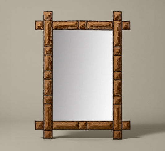 19TH CENTURY TRAMP ART WALL MIRROR WITH BLACK TRIM
