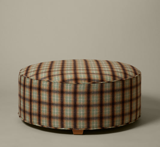 PIERCE & WARD CIRCLE OTTOMAN IN MORALDO  WOOL PLAID