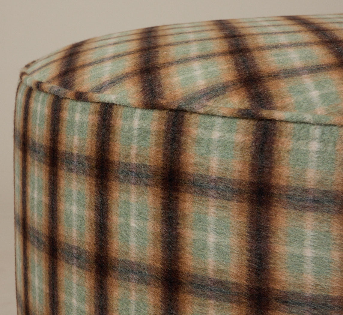 PIERCE & WARD CIRCLE OTTOMAN IN MORALDO  WOOL PLAID