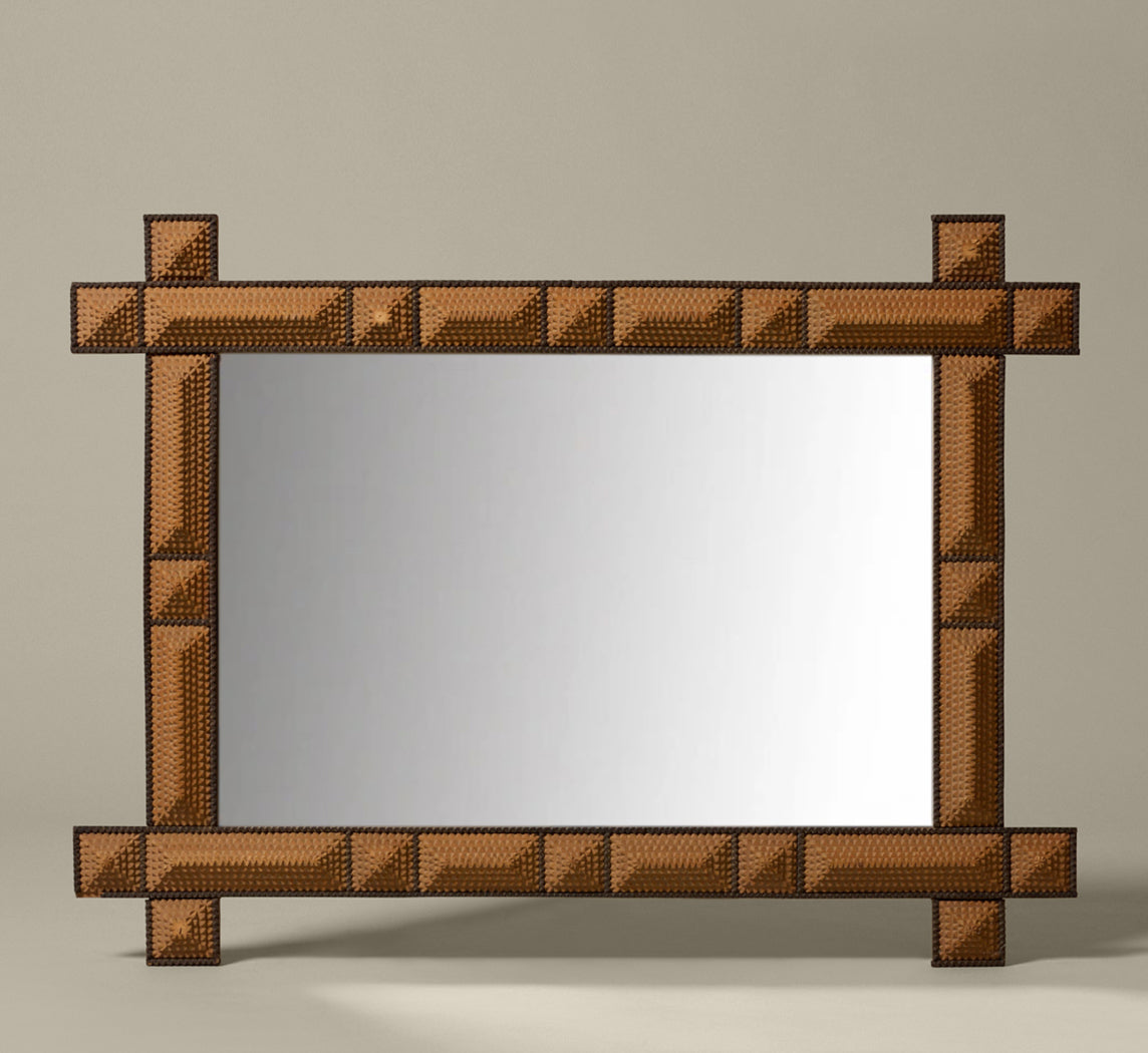 19TH CENTURY TRAMP ART WALL MIRROR WITH BLACK TRIM