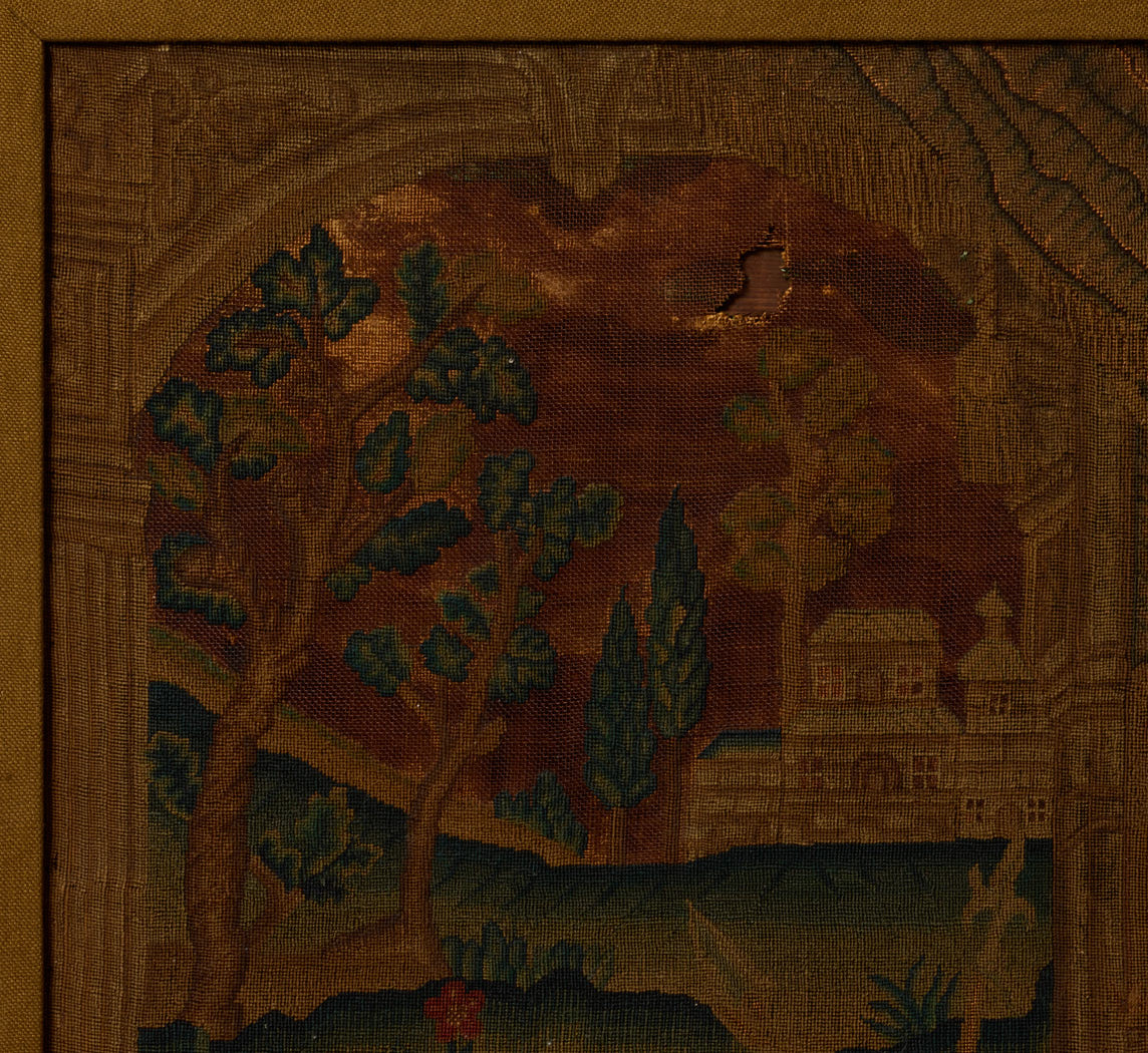 EARLY 18TH CENTURY RELIGIOUS PETIT POINT NEEDLEWORK PANEL