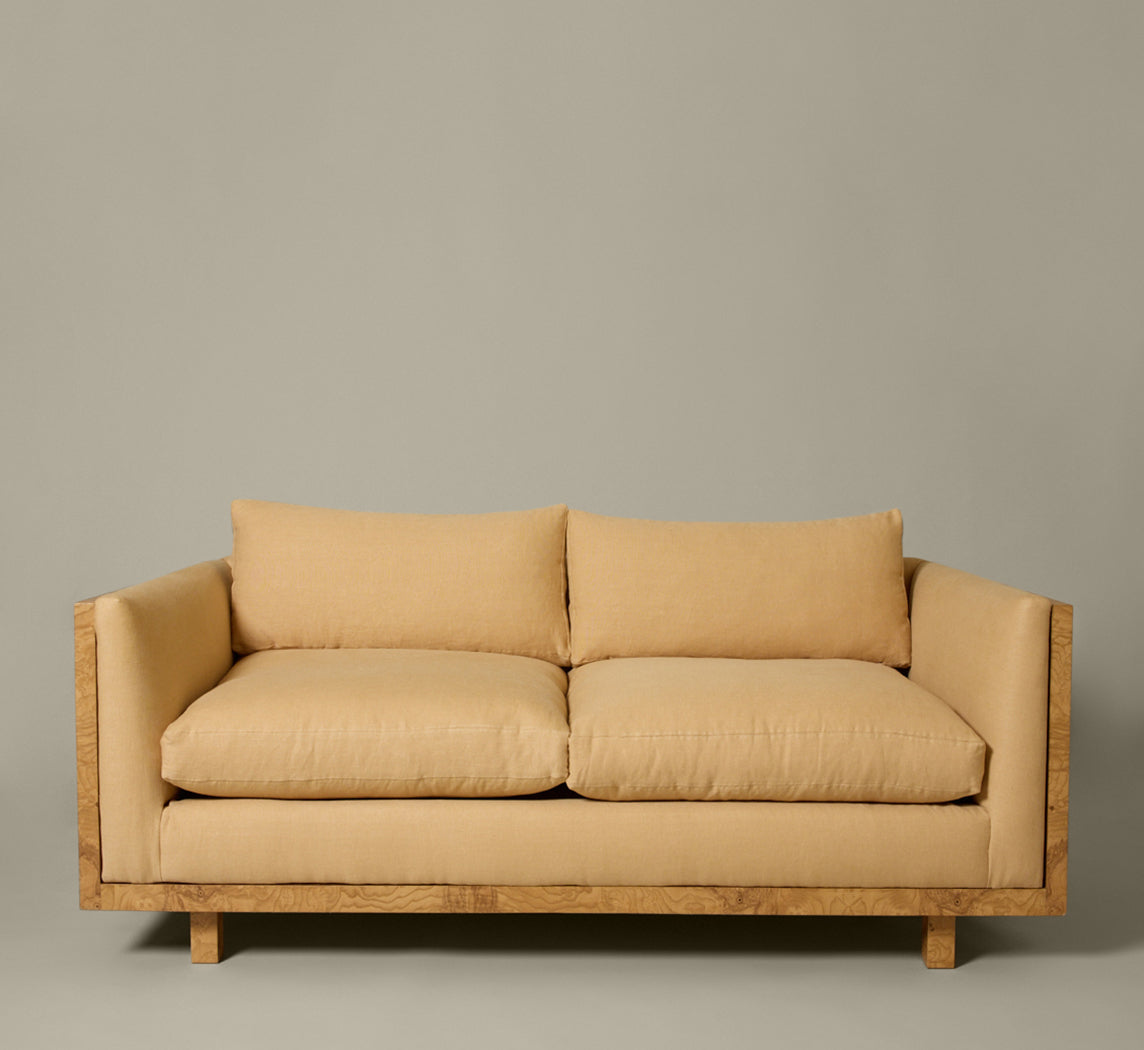 ASH BURL FRAME SOFA IN THE STYLE OF MILO BAUGHMAN WITH GOLDEN HOUR LINEN