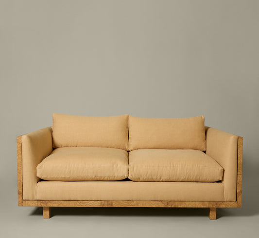ASH BURL FRAME SOFA IN THE STYLE OF MILO BAUGHMAN WITH GOLDEN HOUR LINEN