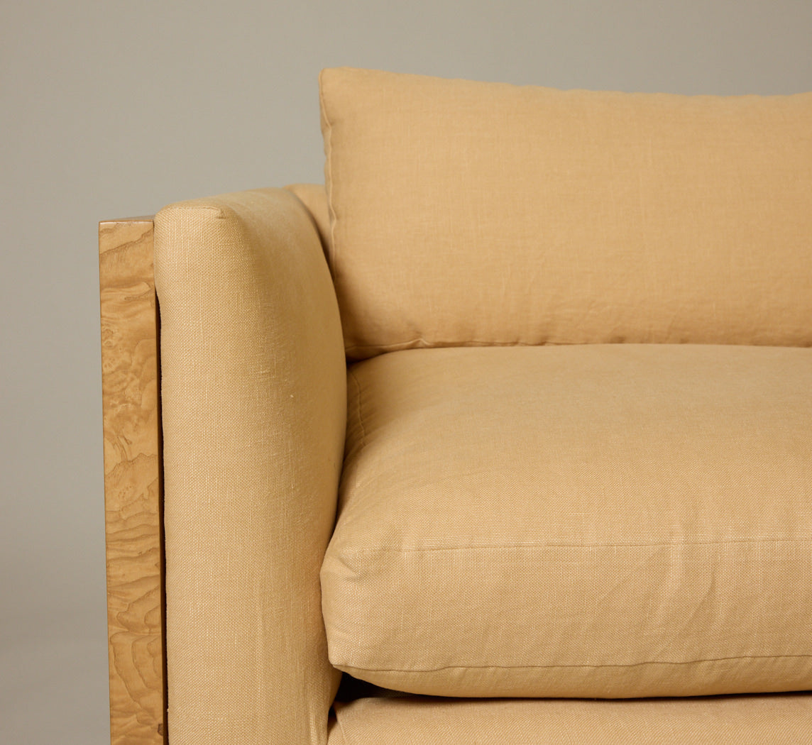 ASH BURL FRAME SOFA IN THE STYLE OF MILO BAUGHMAN WITH GOLDEN HOUR LINEN