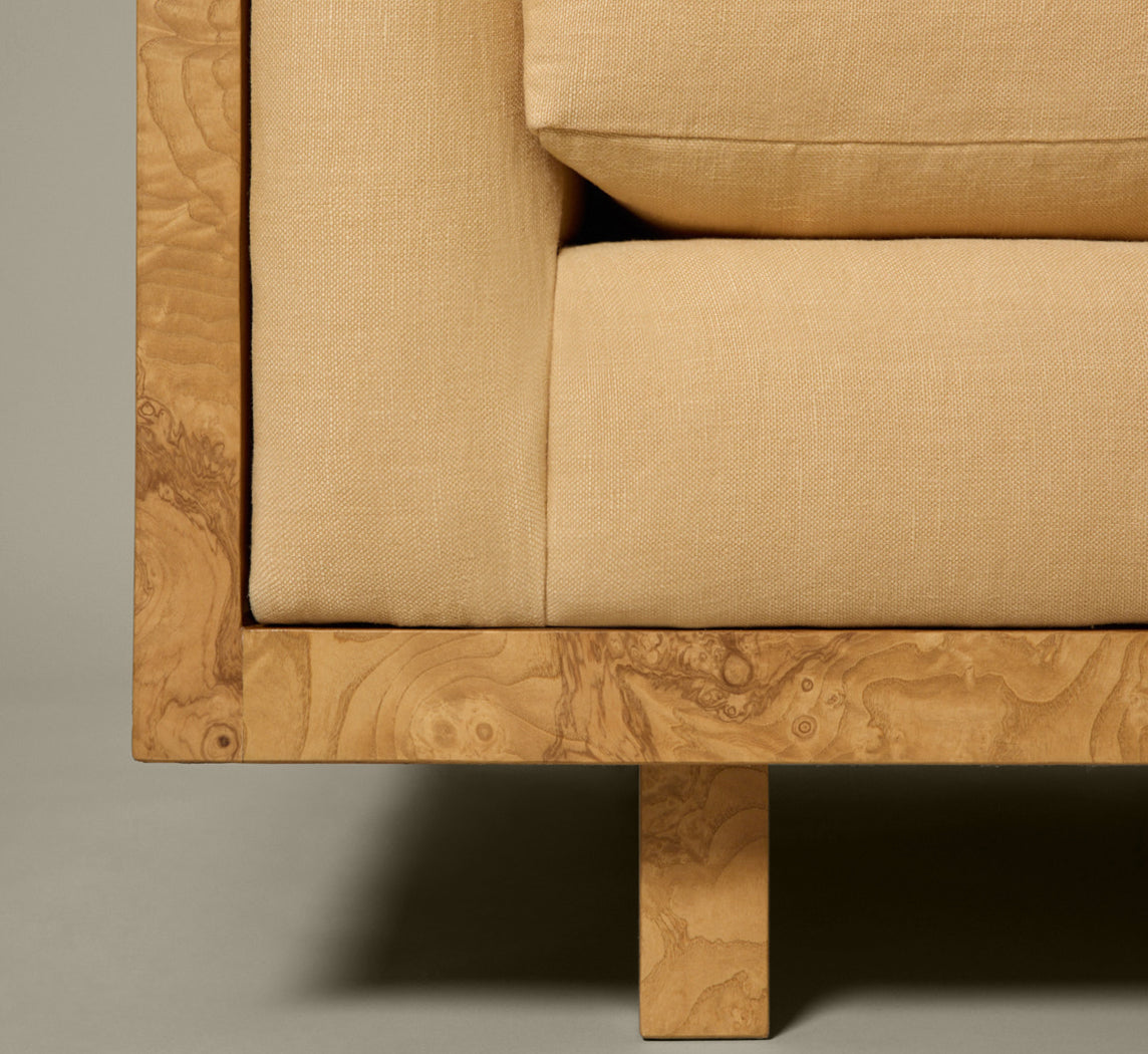 ASH BURL FRAME SOFA IN THE STYLE OF MILO BAUGHMAN WITH GOLDEN HOUR LINEN