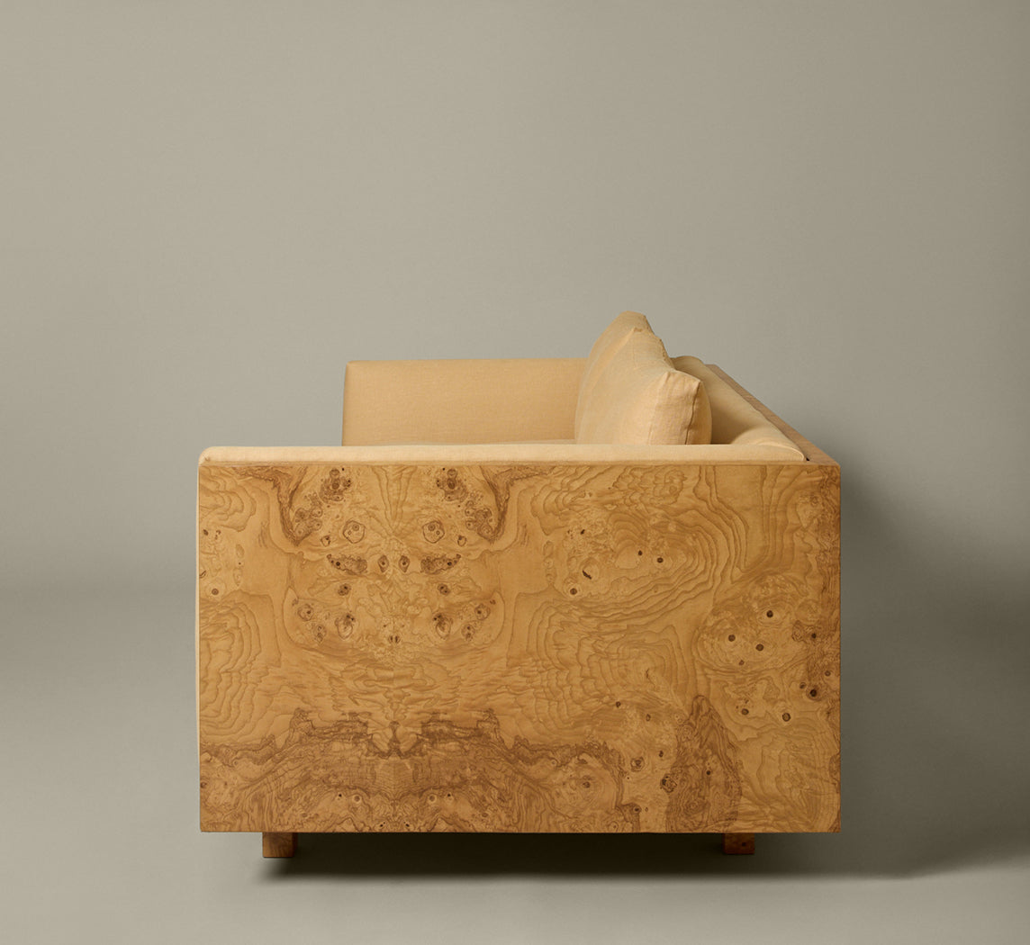 ASH BURL FRAME SOFA IN THE STYLE OF MILO BAUGHMAN WITH GOLDEN HOUR LINEN