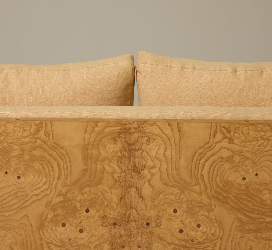 ASH BURL FRAME SOFA IN THE STYLE OF MILO BAUGHMAN WITH GOLDEN HOUR LINEN