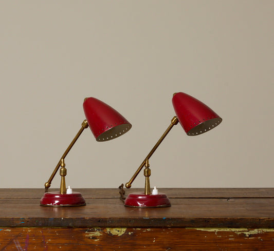 PAIR OF 1950S ITALIAN RED ENAMEL & BRASS TABLE LAMPS