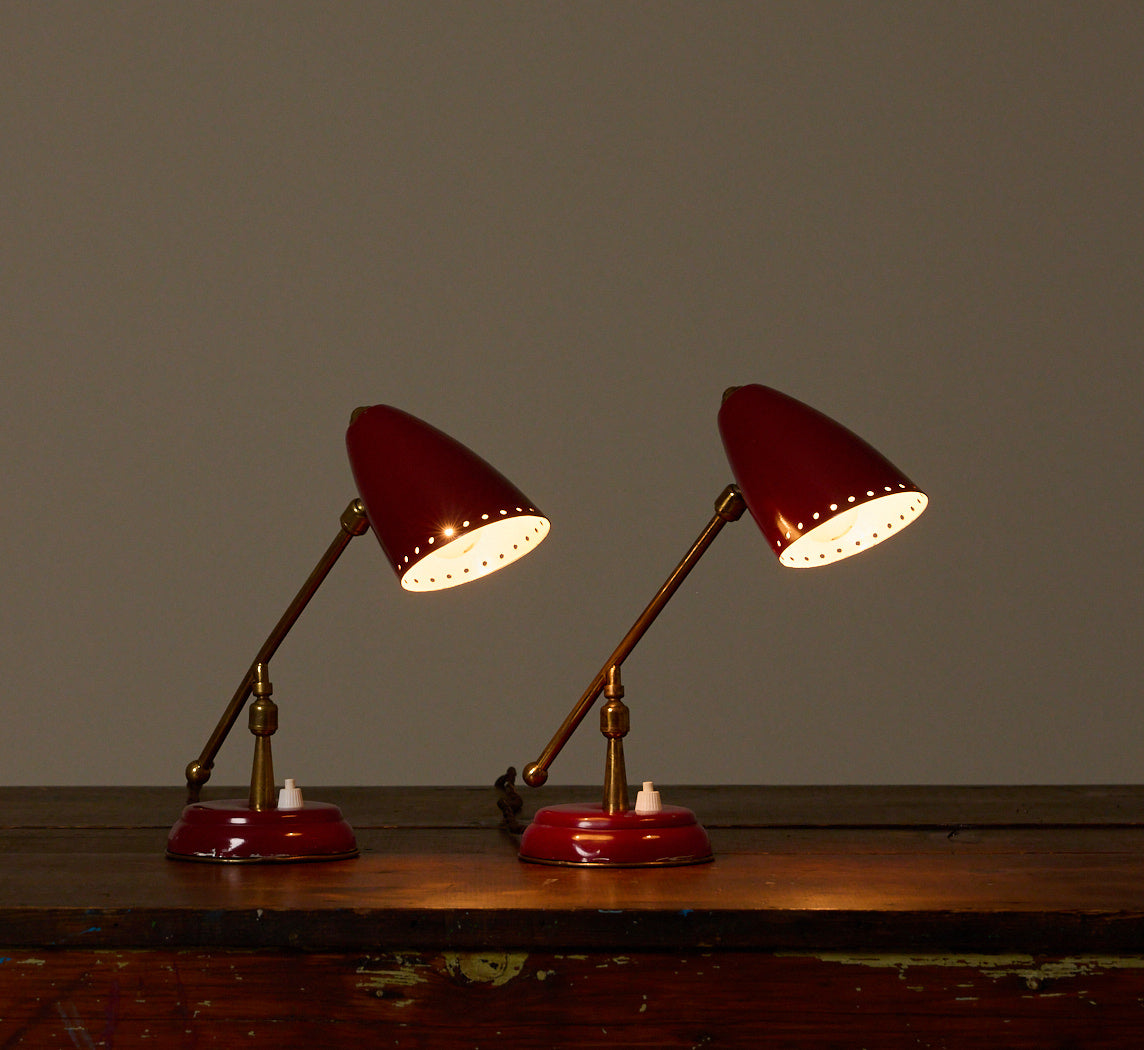 PAIR OF 1950S ITALIAN RED ENAMEL & BRASS TABLE LAMPS
