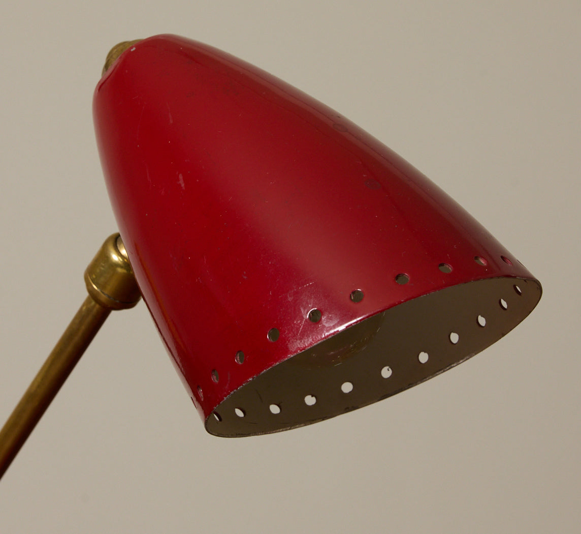 PAIR OF 1950S ITALIAN RED ENAMEL & BRASS TABLE LAMPS