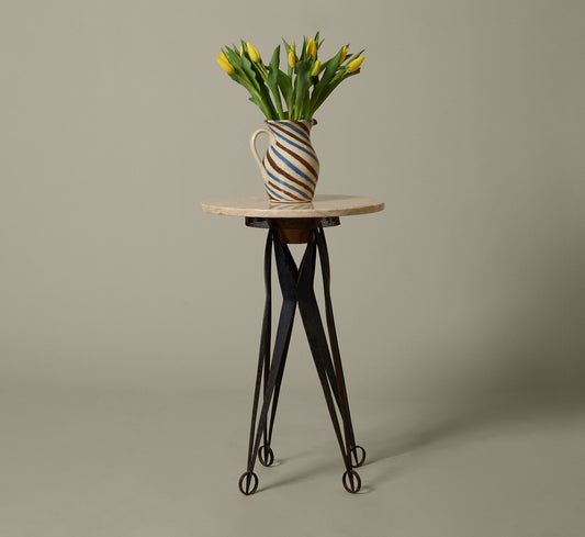 MID-CENTURY TRAVERTINE SIDE TABLE WITH IRON LEGS