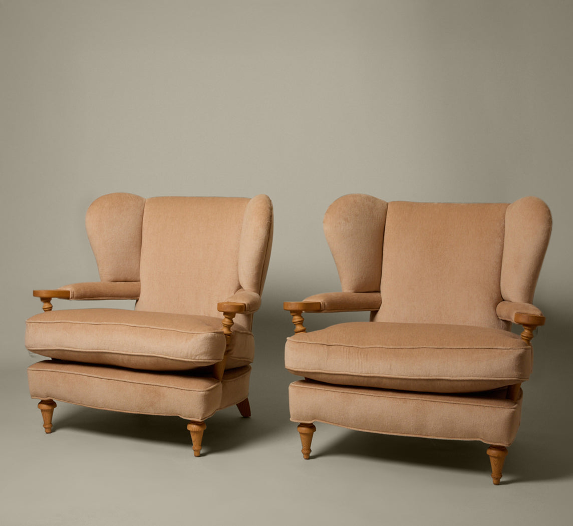THE PIERCE & WARD BALLERINA CHAIR IN MOHAIR WITH HONEY OAK STAIN