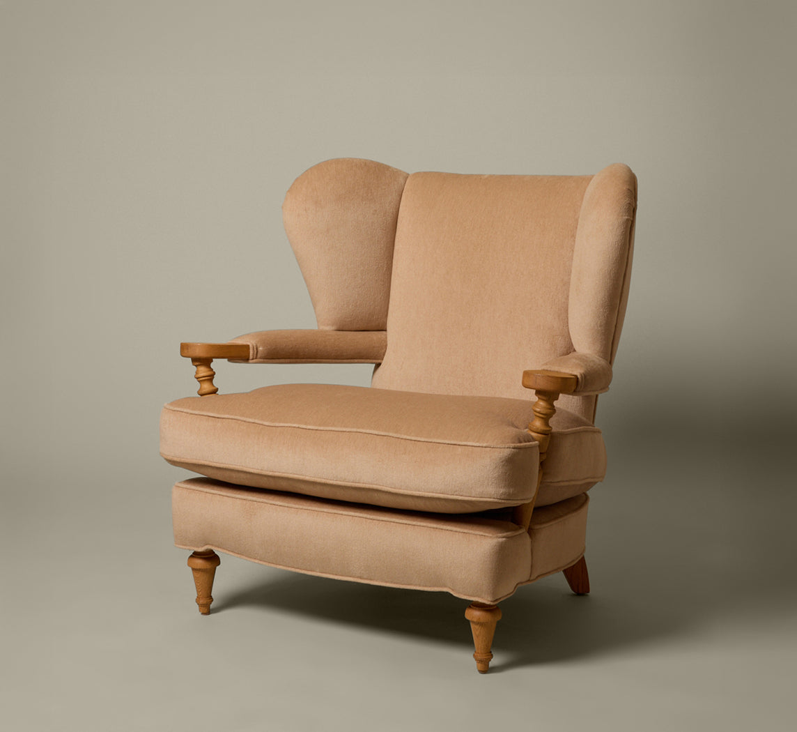 THE PIERCE & WARD BALLERINA CHAIR IN MOHAIR WITH HONEY OAK STAIN
