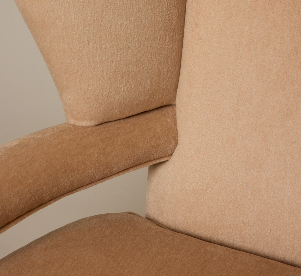 THE PIERCE & WARD BALLERINA CHAIR IN MOHAIR WITH HONEY OAK STAIN