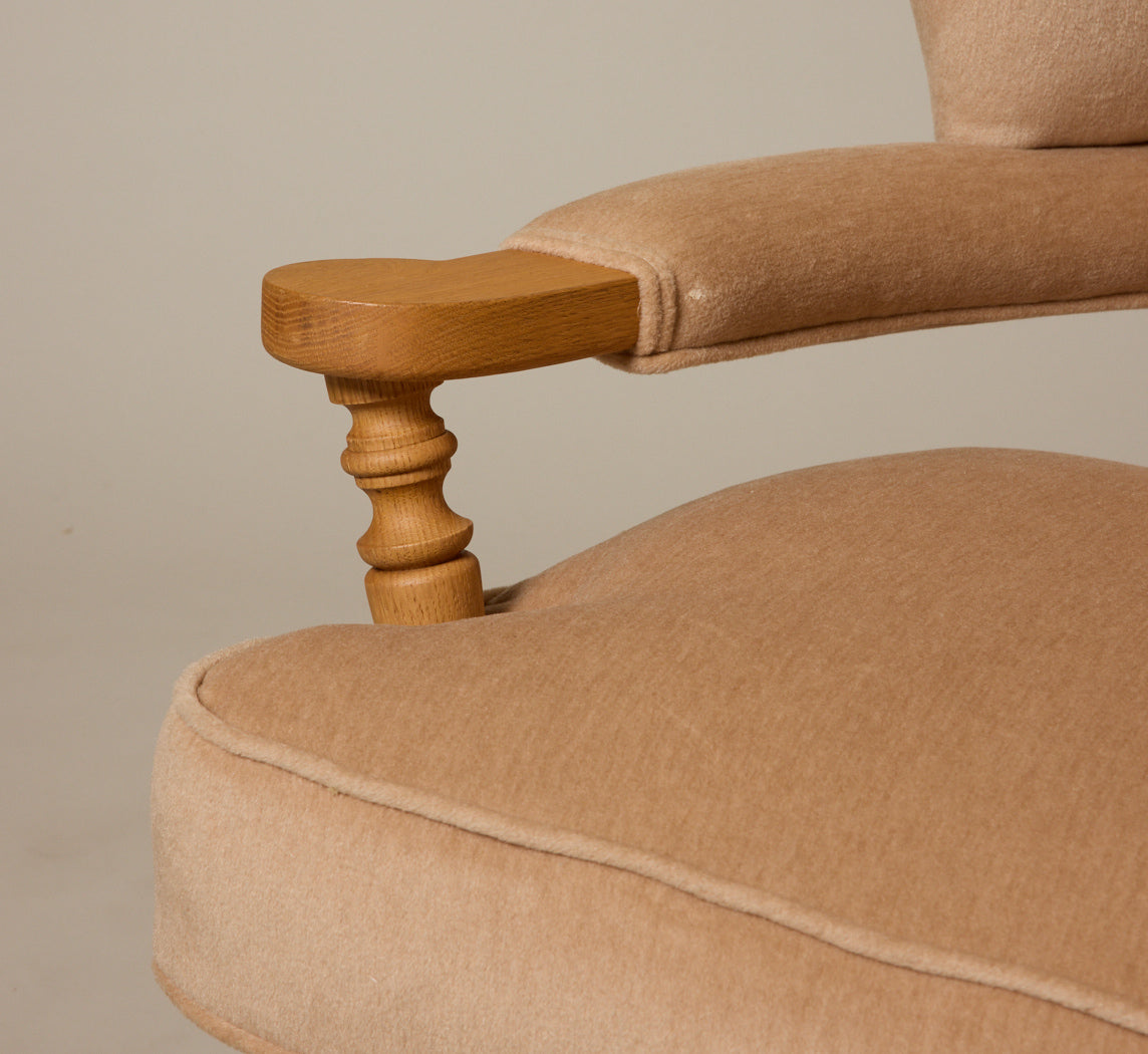 THE PIERCE & WARD BALLERINA CHAIR IN MOHAIR WITH HONEY OAK STAIN