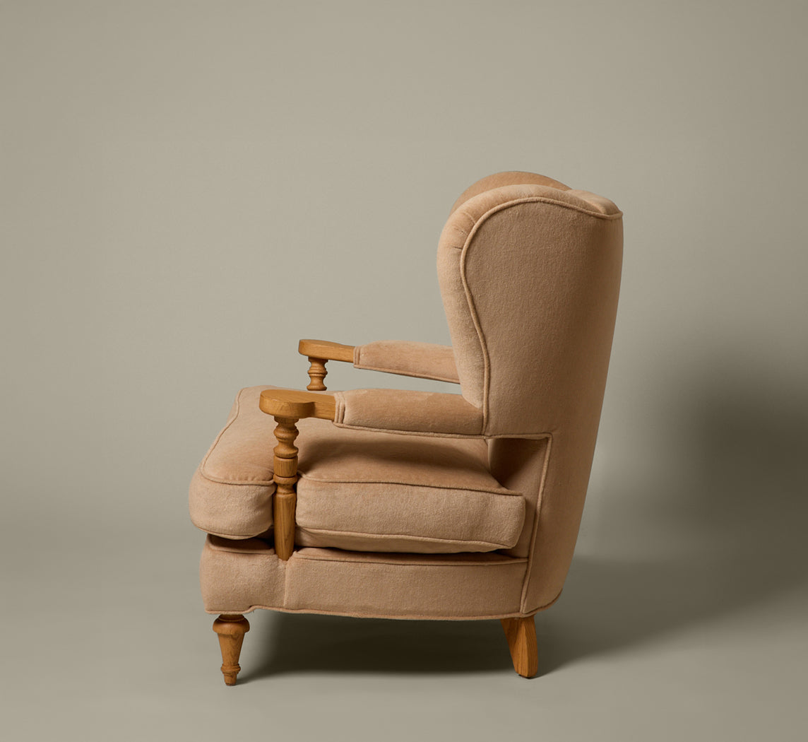 THE PIERCE & WARD BALLERINA CHAIR IN MOHAIR WITH HONEY OAK STAIN