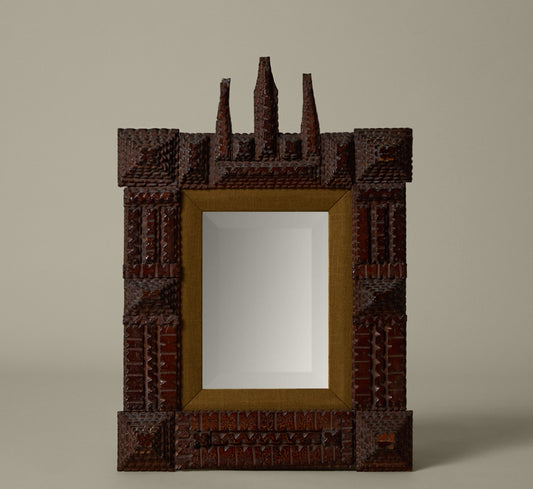 TRAMP ART MIRROR WITH SPIRES AND SEAWEED MAT