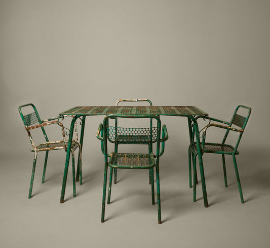 1950S FRENCH IRON GARDEN DINING SET ATTR. TO RENÉ MALAVAL