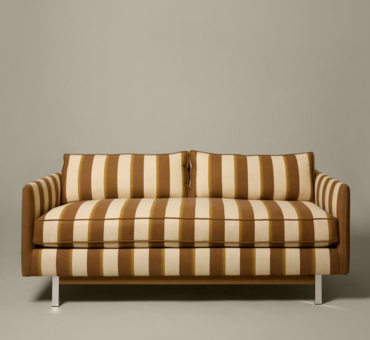 MID CENTURY LOVE SEAT IN PIERCE & WARD PALERMO STRIPE