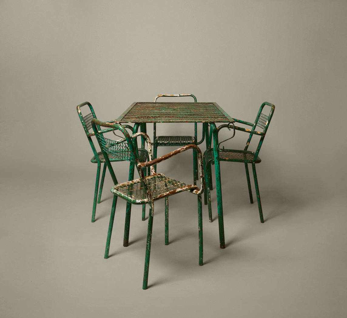 1950S FRENCH IRON GARDEN DINING SET ATTR. TO RENÉ MALAVAL