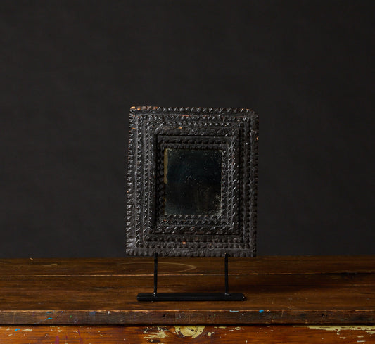 ANTIQUE EBONIZED TRAMP ART WALL MIRROR