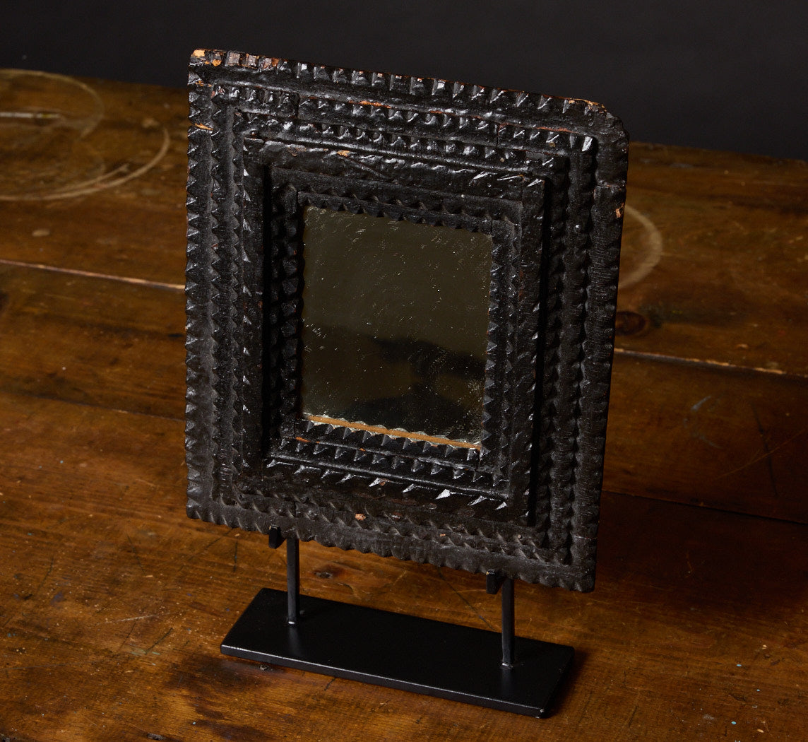 ANTIQUE EBONIZED TRAMP ART WALL MIRROR