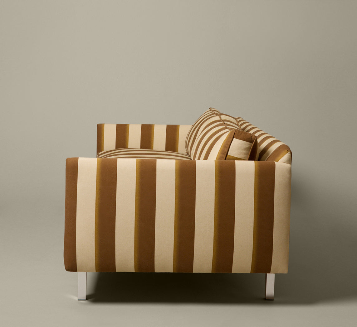 MID CENTURY LOVE SEAT IN PIERCE & WARD PALERMO STRIPE